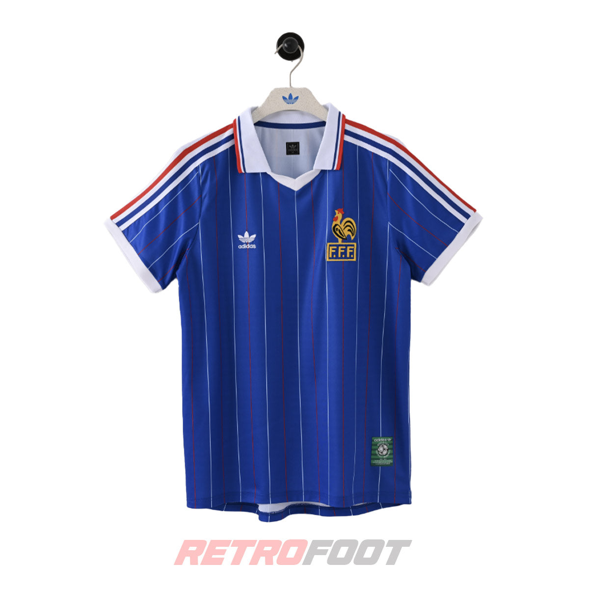 Maillot vintage France 1982 domicile bleu à fines rayures (face)