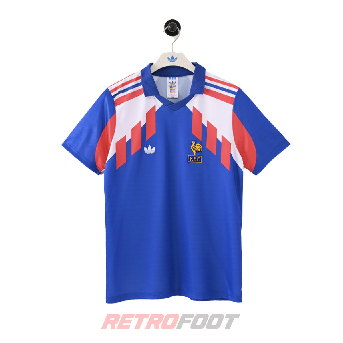 Maillot vintage France 1988 domicile bleu à chevrons (face)