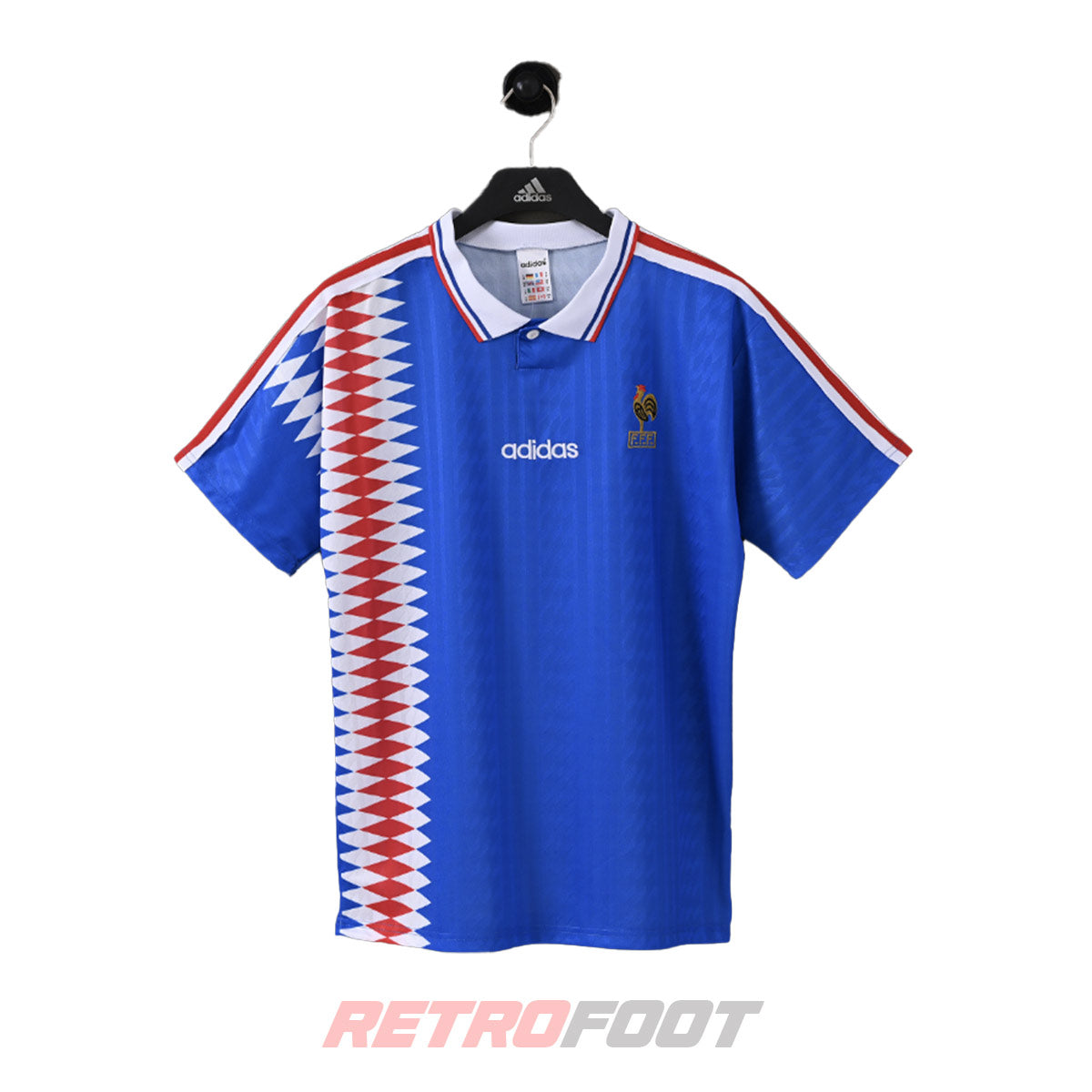 Maillot vintage France 1994 domicile bleu à chevrons (face)